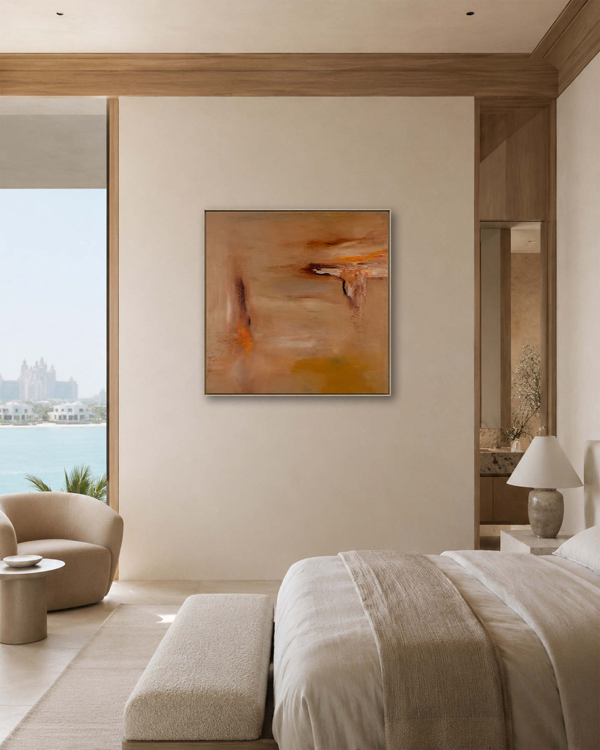 A Warm Silence — Original Artwork 76 × 76 CM, displayed in a bedroom