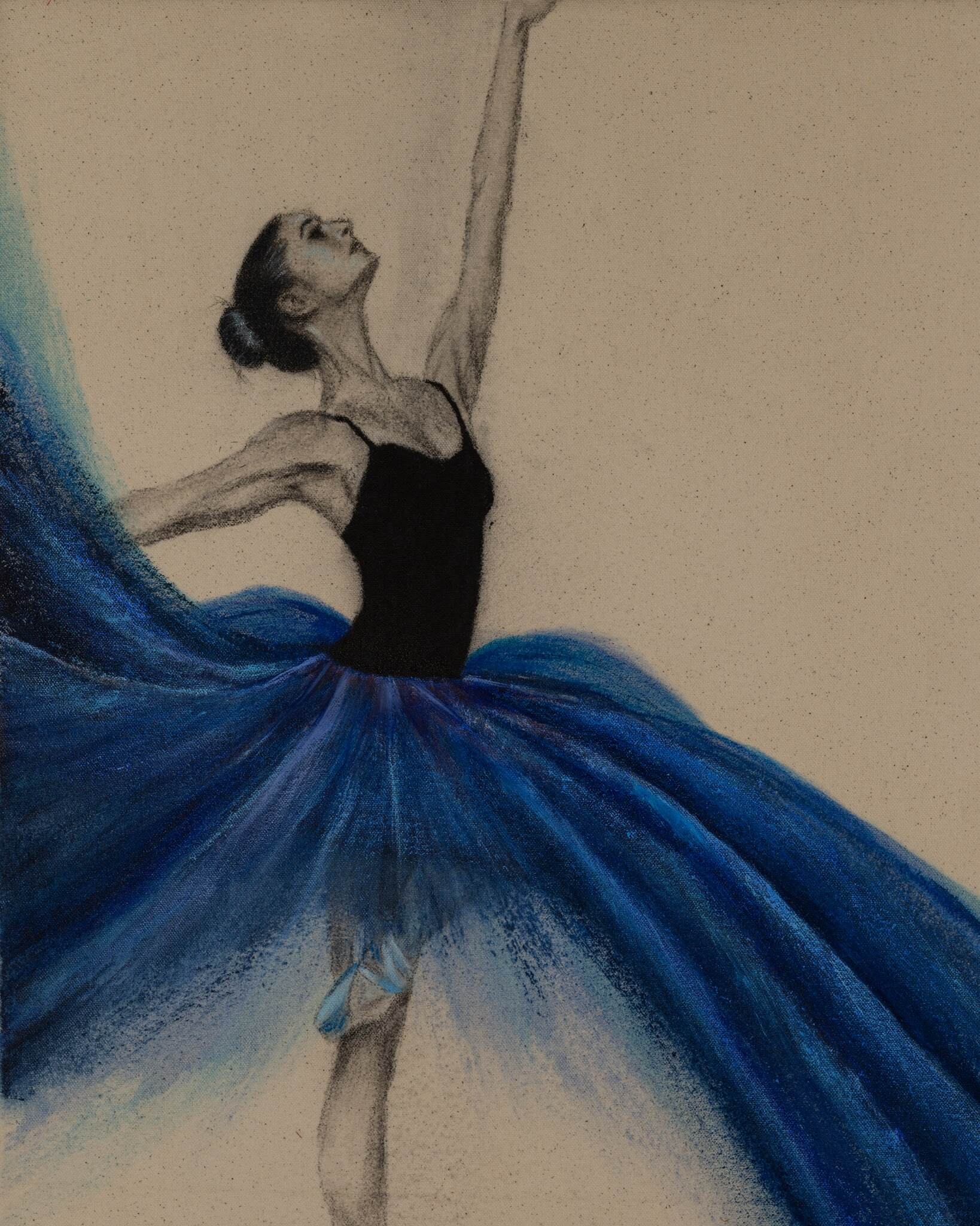 Close-up detail of Boundless Spirit showing the dancer and blue brushwork