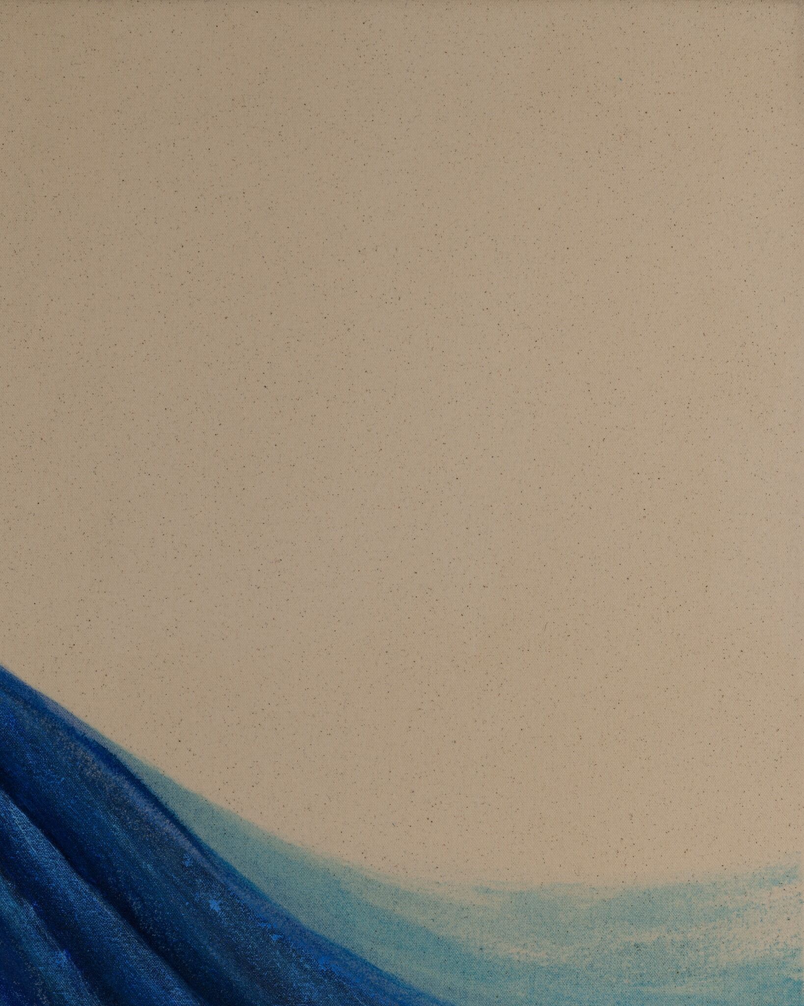 Close-up detail of Boundless Spirit showing raw cotton canvas and blue brushwork