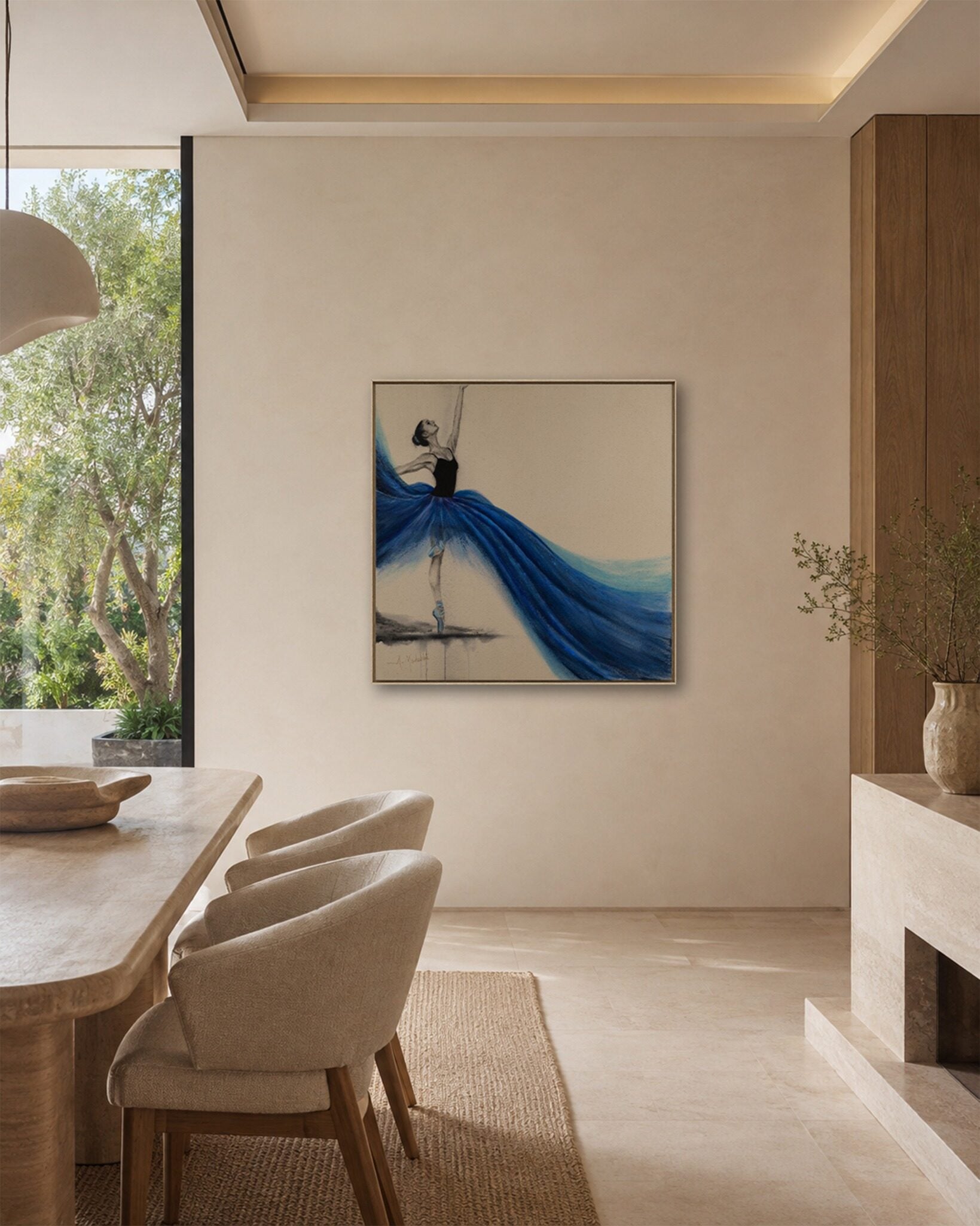 Boundless Spirit original painting in a warm minimalist dining room