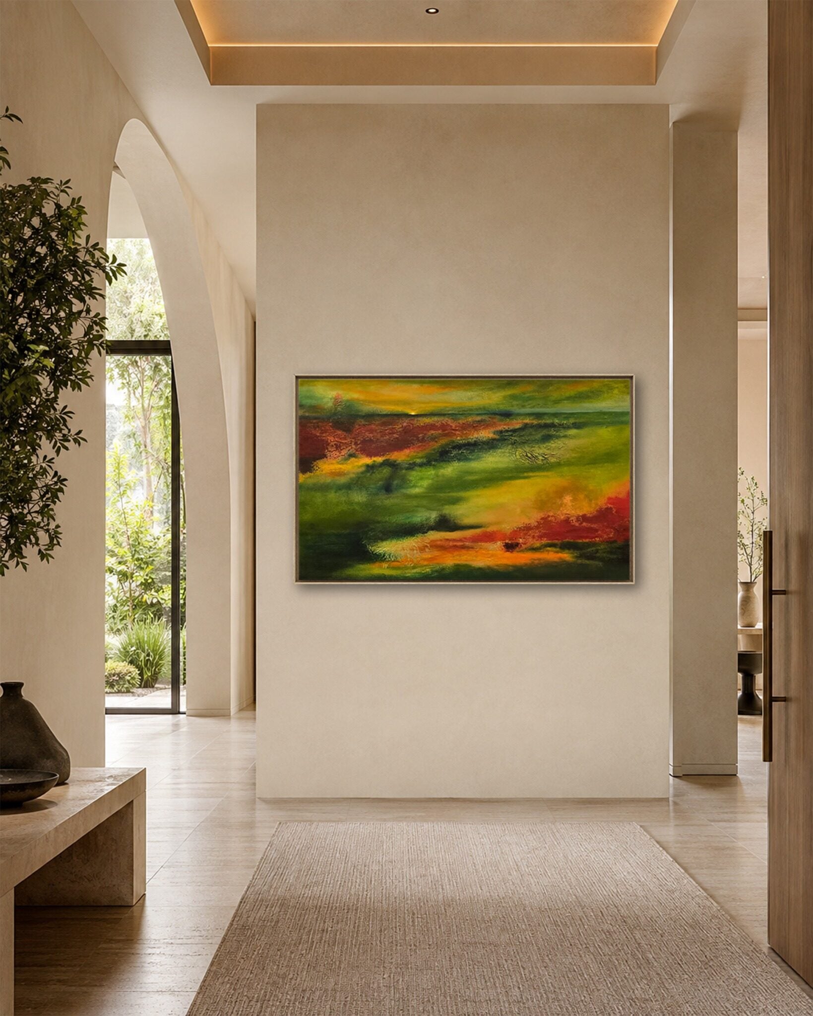 Still Country original painting shown in a hallway