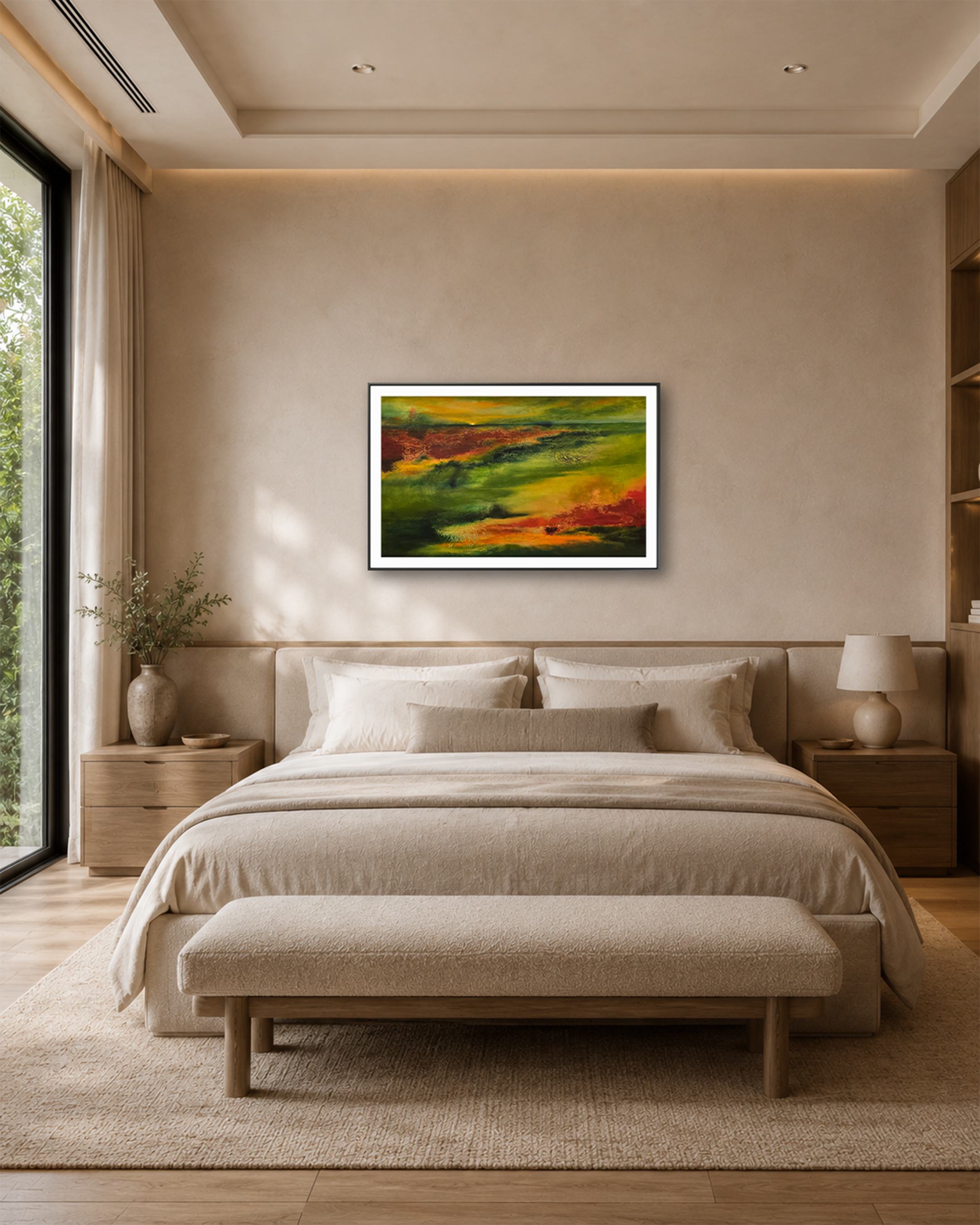 Still Country abstract fine art print by Ayoub Mohebbi above a modern bedroom