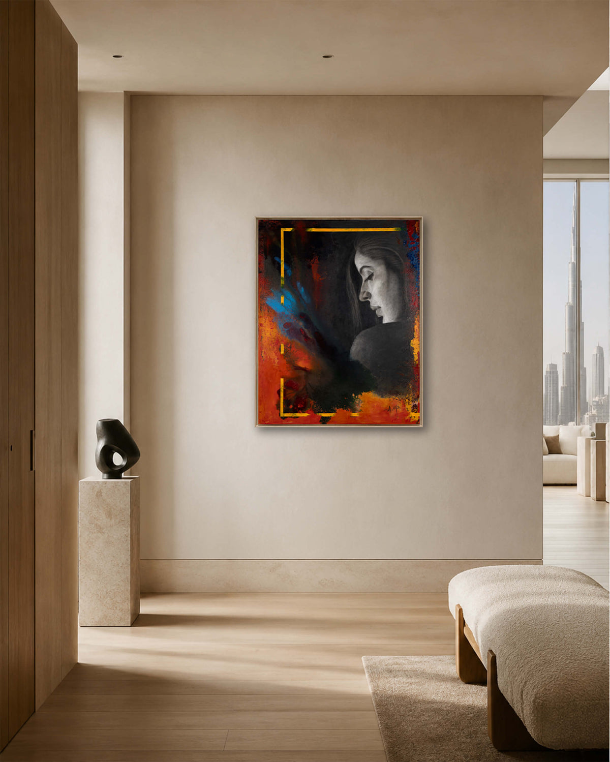 Softening — Original Artwork 61 × 76 CM, displayed in an entrance or hallway
