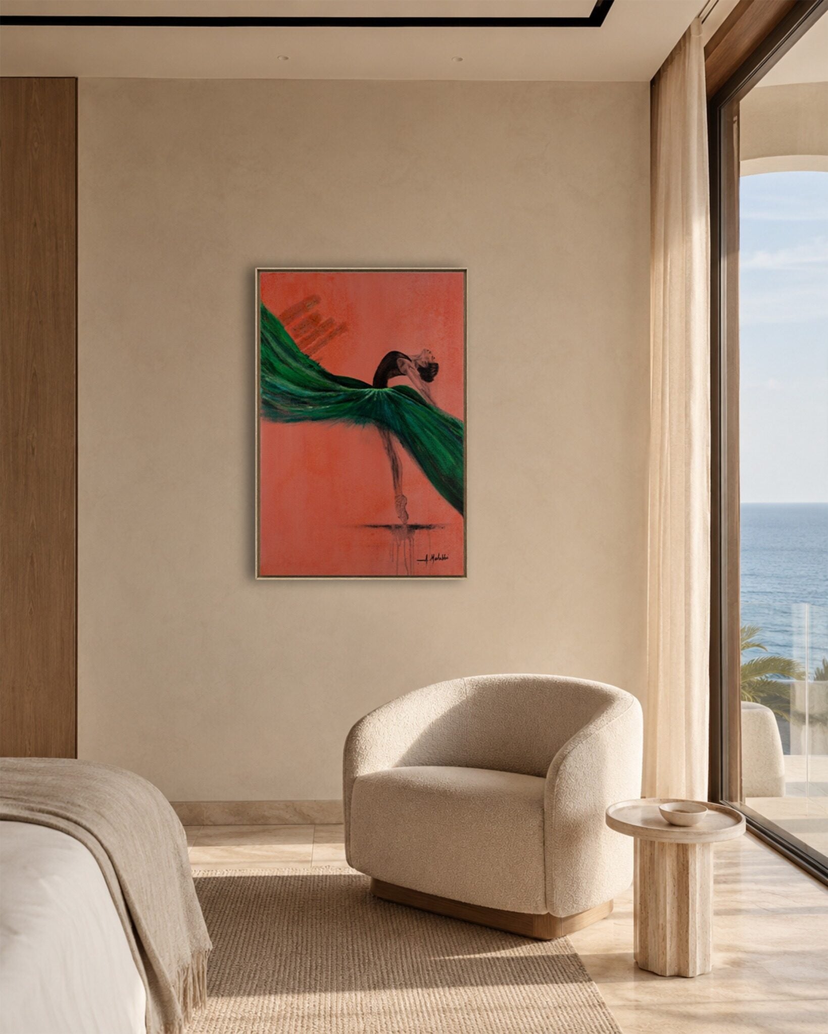 Wild Poise original painting in a warm minimalist bedroom