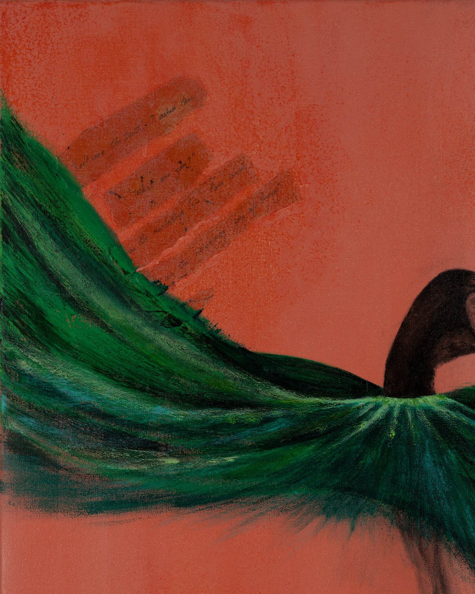 Close-up detail of Wild Poise showing layered green brushwork and handwritten marks