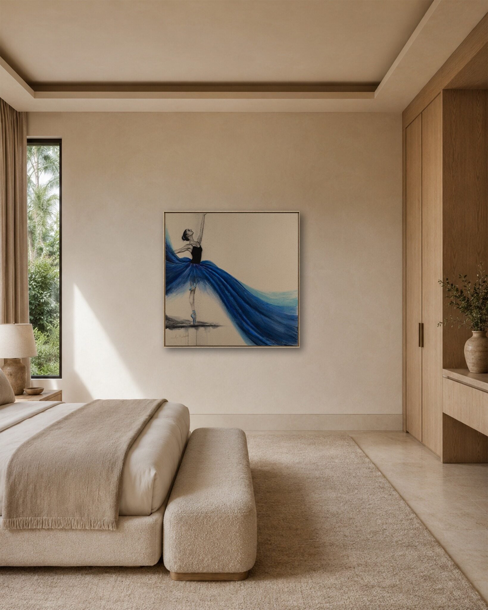 Boundless Spirit original painting in a warm minimalist bedroom