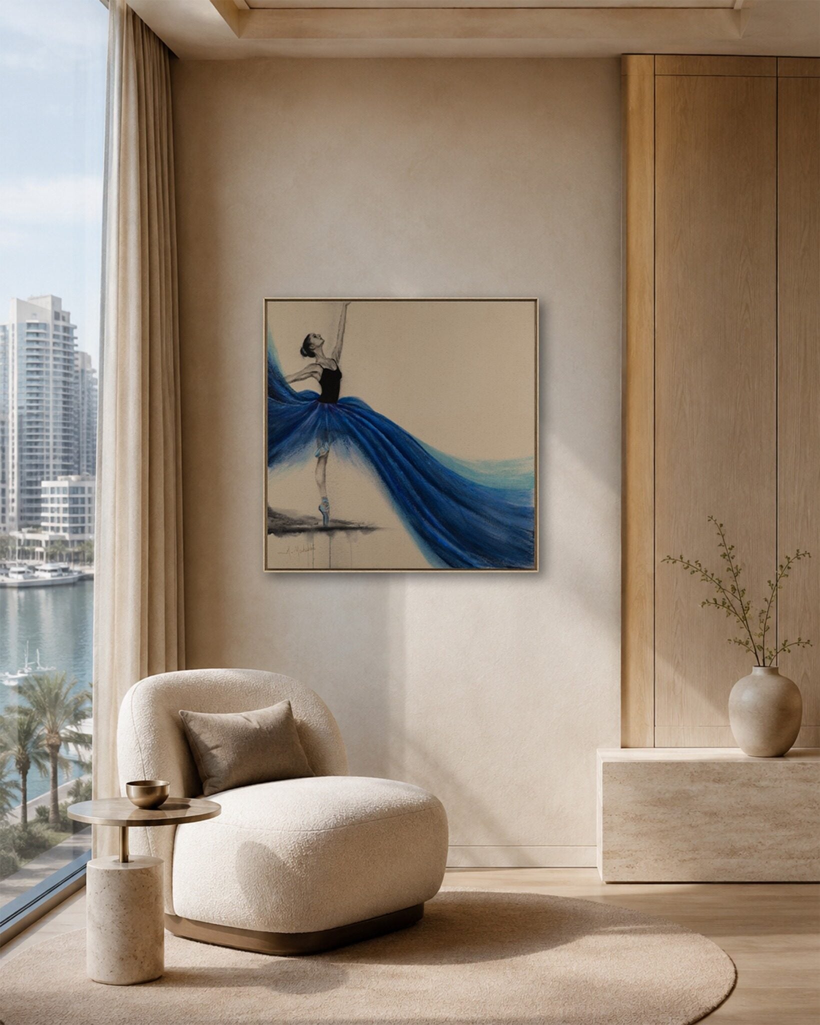 Boundless Spirit original painting in a warm minimalist reading corner