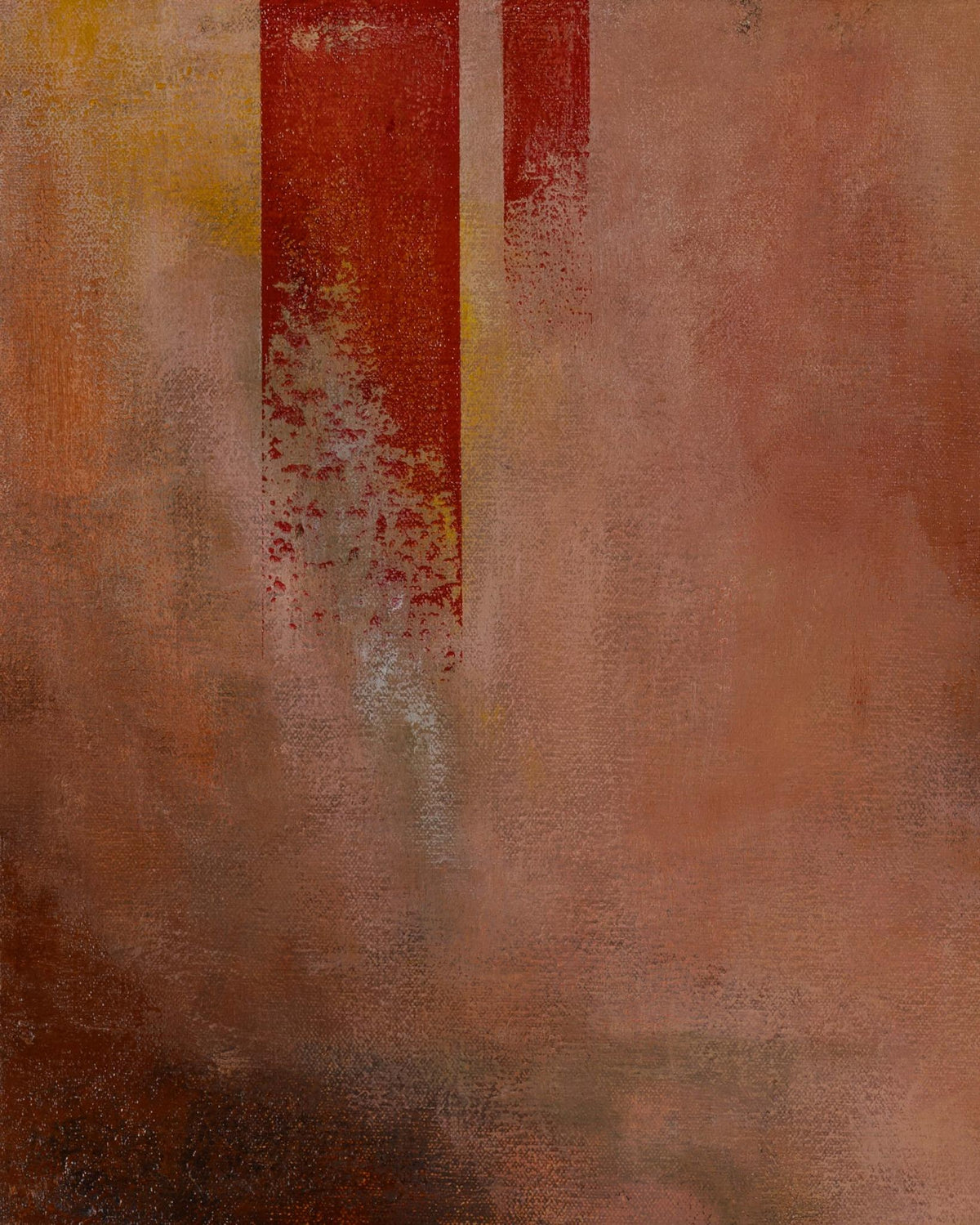 Lingering Glow top-left detail showing red and soft rose textured marks