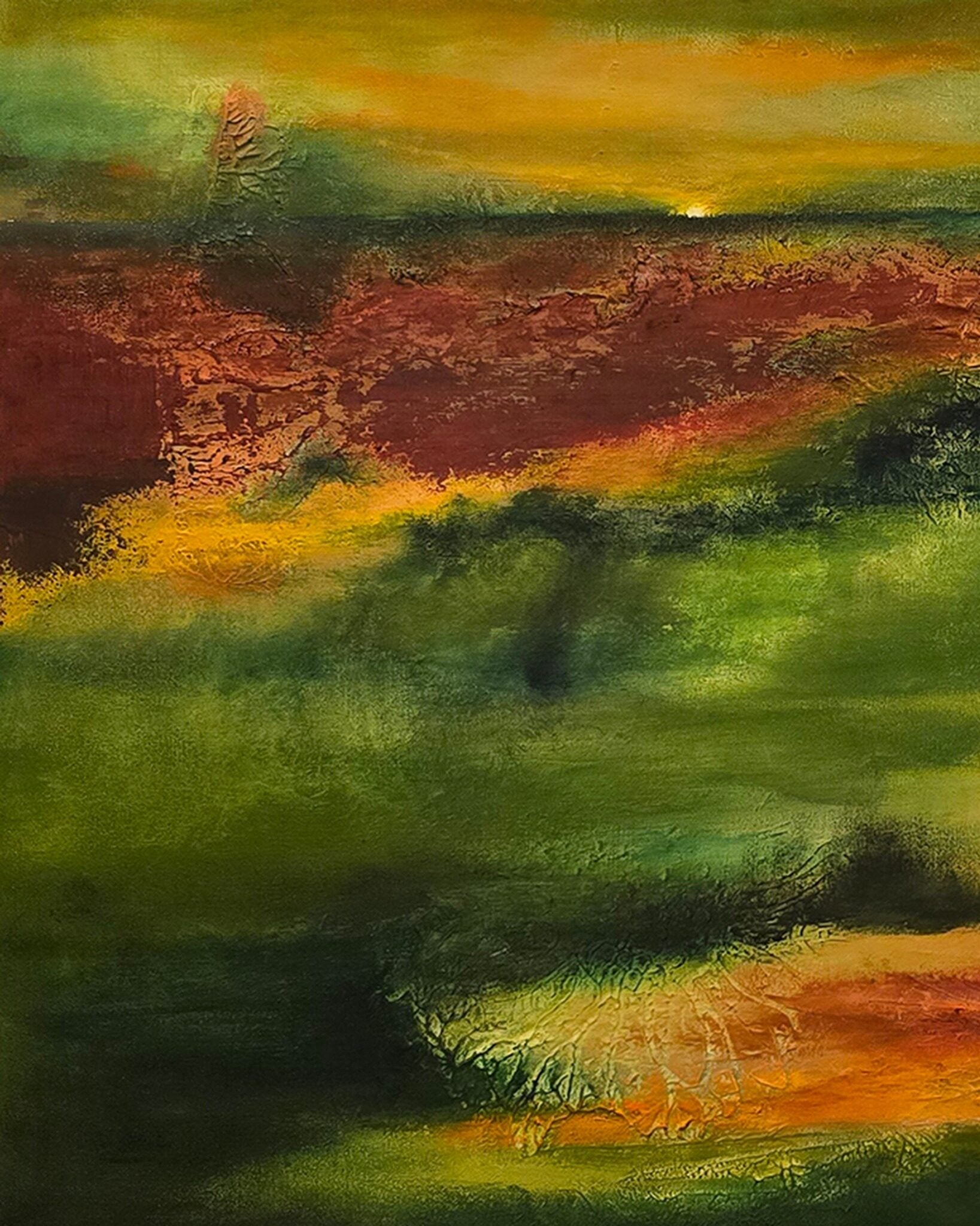 Still Country original painting detail showing layered green and rust texture