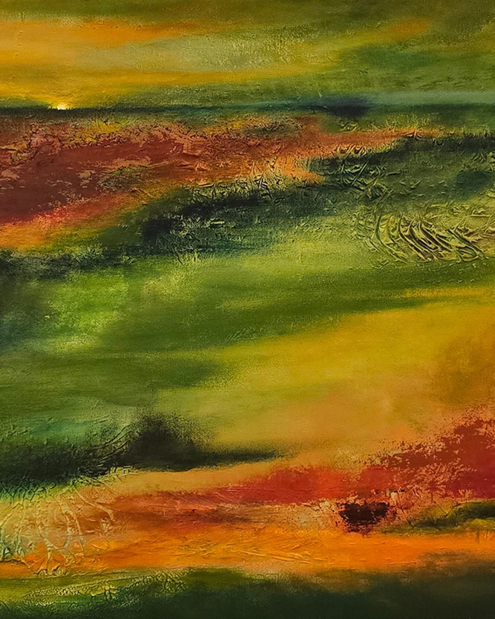 Still Country original painting detail showing green, ochre and red marks