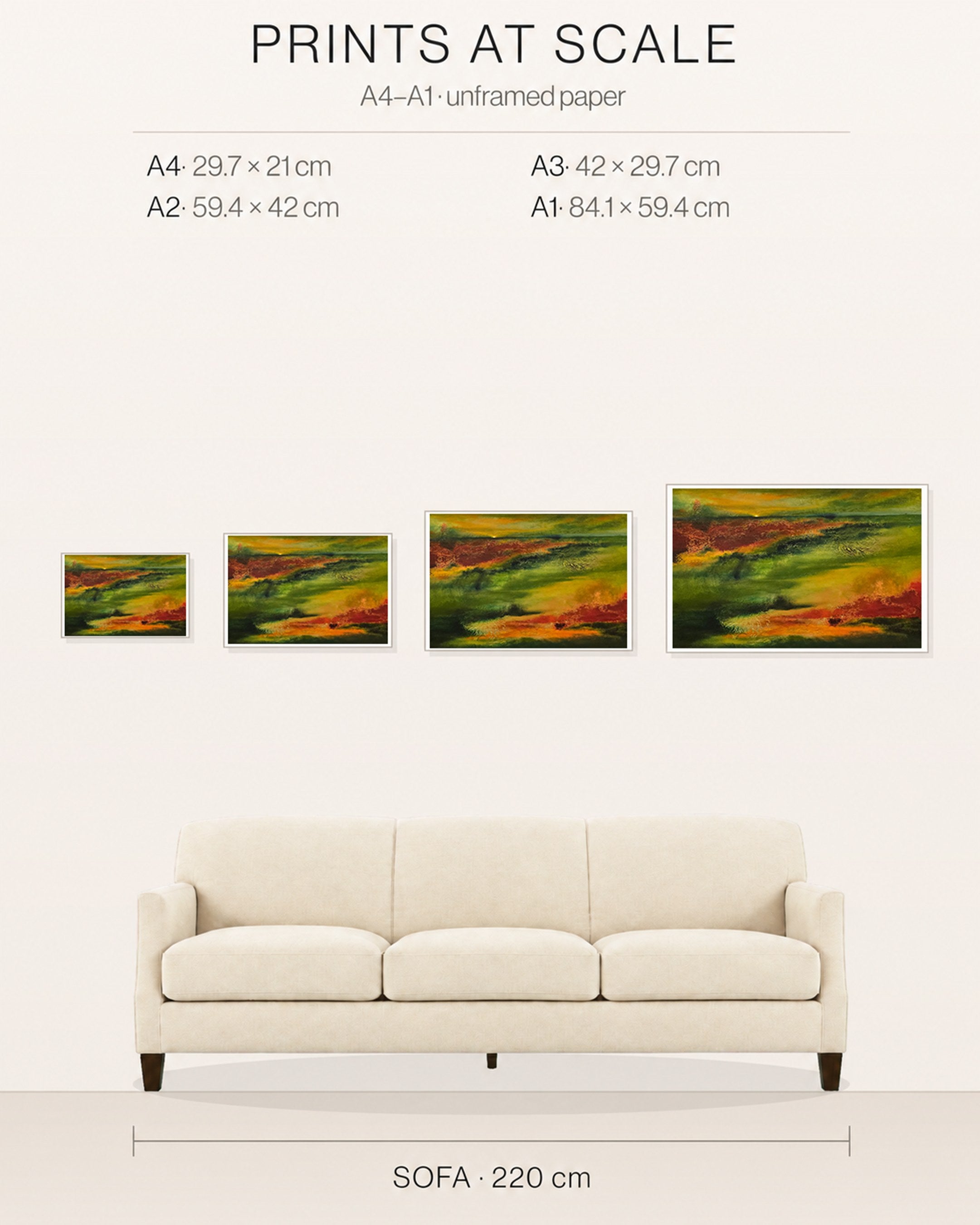 Still Country print size guide showing A4, A3, A2 and A1 beside a 220 cm sofa