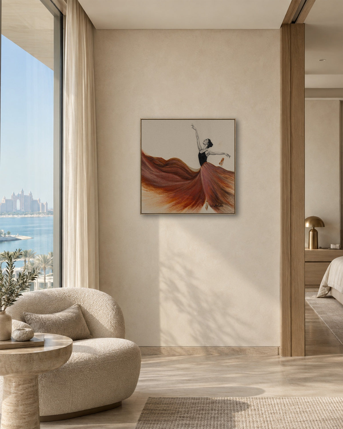 Unbound displayed in a warm neutral bedroom lounge