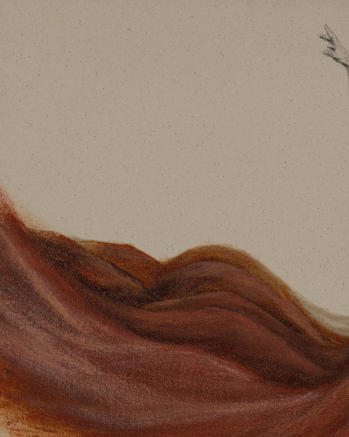 Unbound top-left detail of raw canvas and flowing rust-coloured fabric