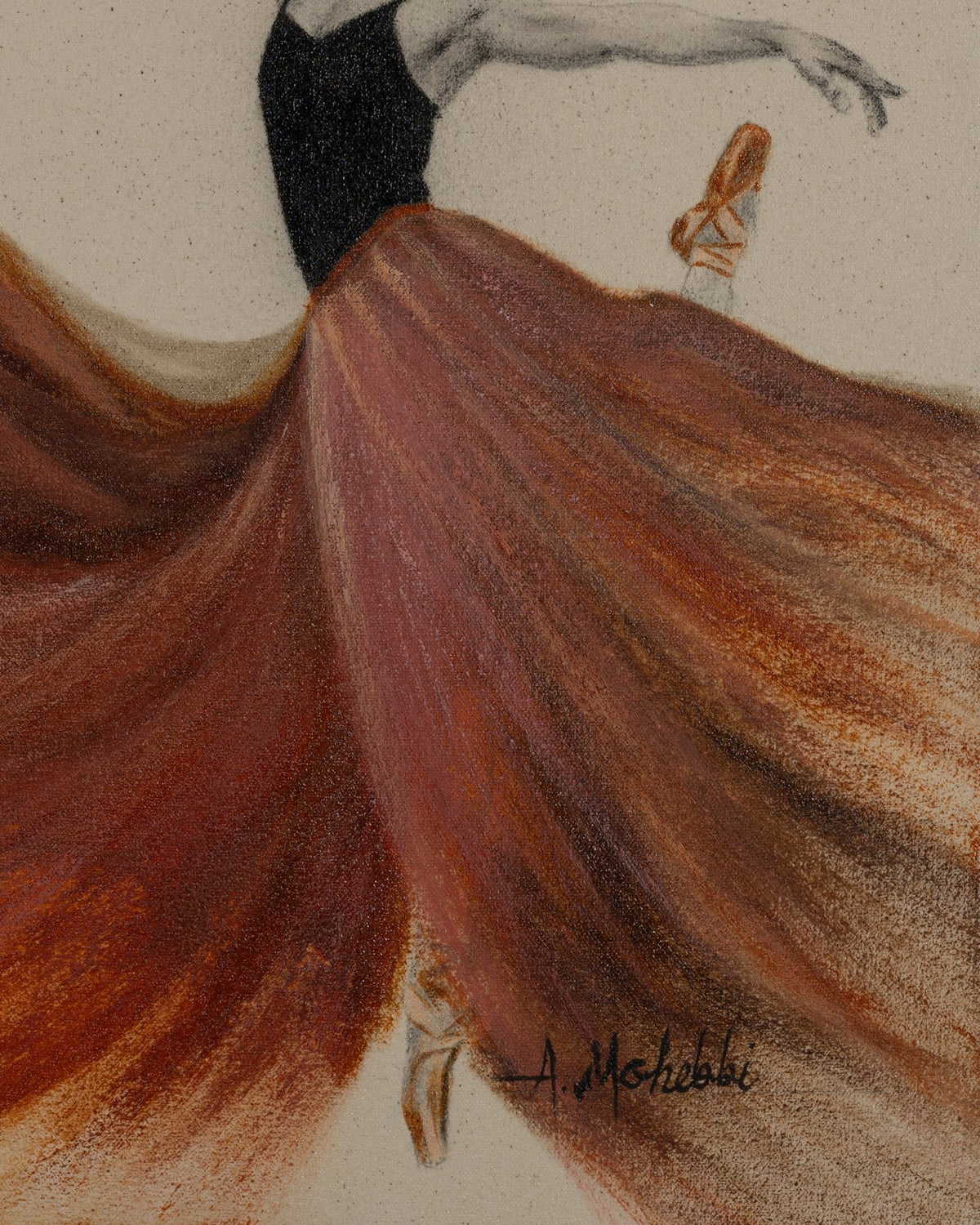 Unbound bottom-right detail of the flowing skirt and artist signature