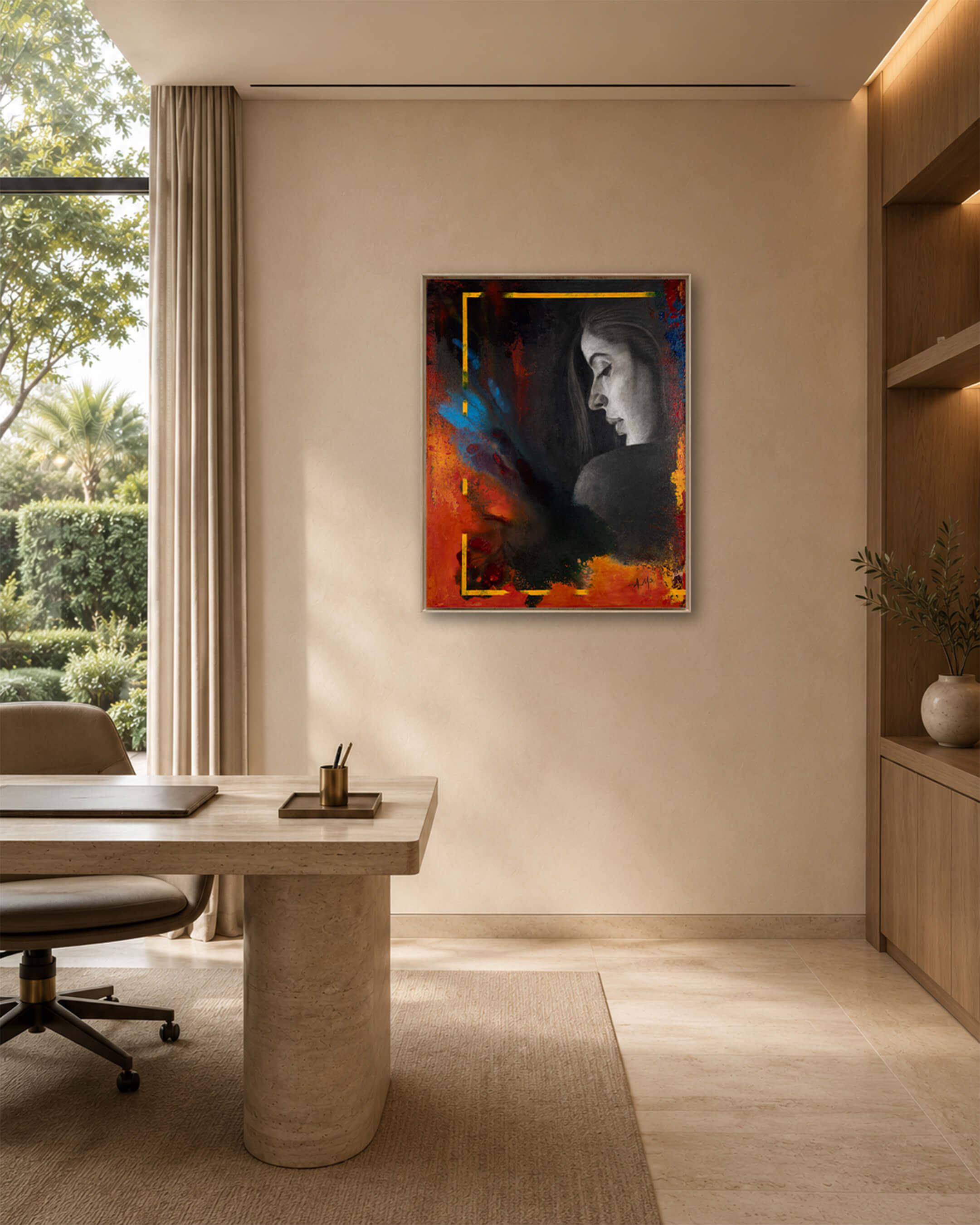 Softening — Original Artwork 61 × 76 CM, displayed in an office or study