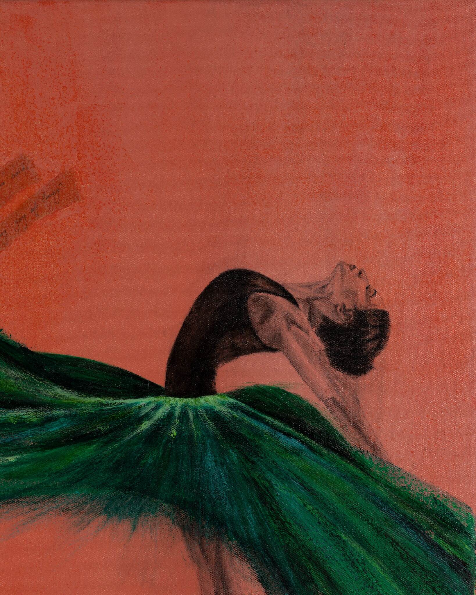 Close-up detail of Wild Poise showing the dancer and layered green brushwork