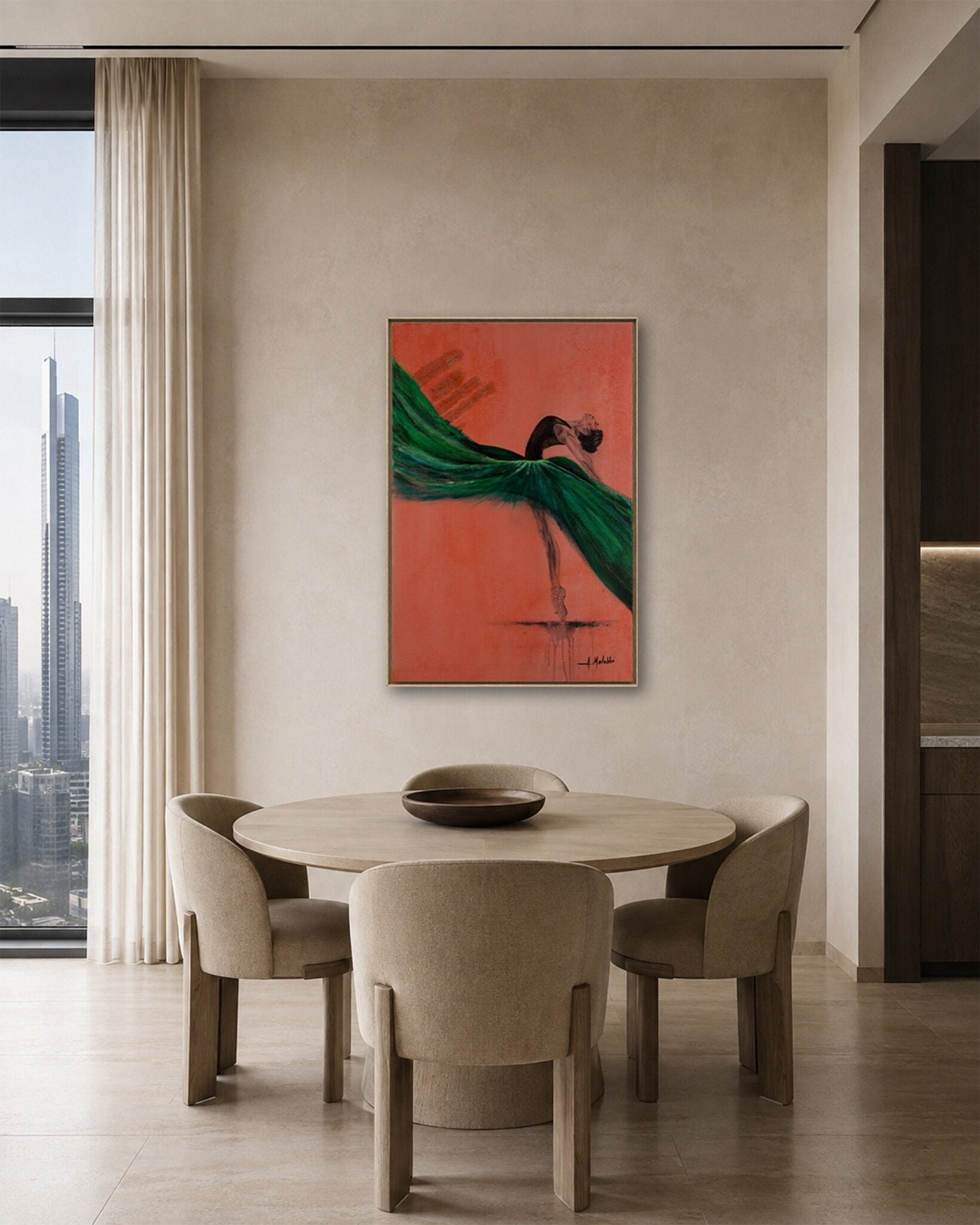 Wild Poise original painting in a warm minimalist dining room