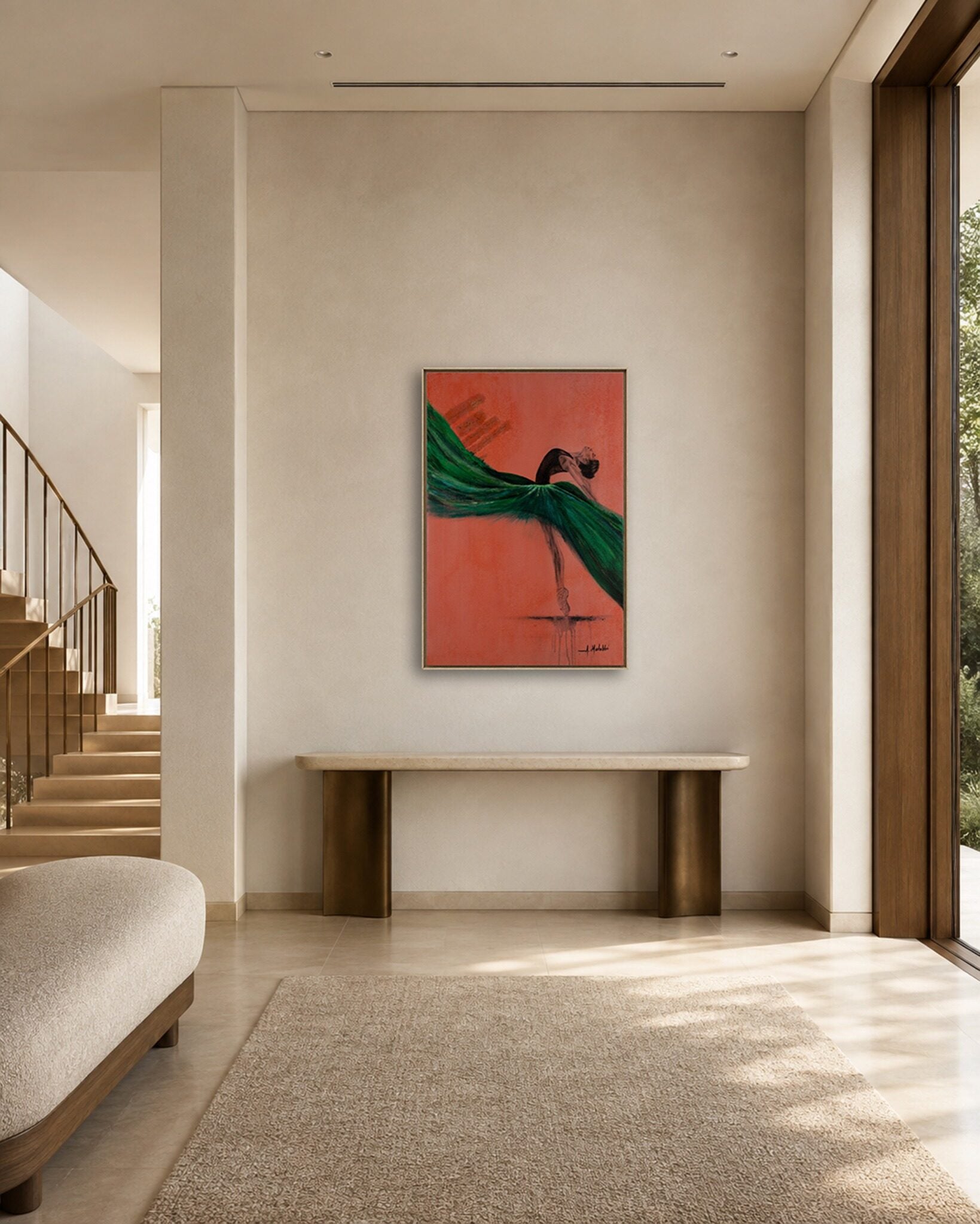 Wild Poise original painting in a quiet luxury hallway